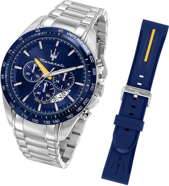 MASERATI Chronograph Maserati Herren Armbanduhr, (Chronograph), Herrenuhr PUarmband, rundes Gehäuse, groß (ca. 45mm) blau