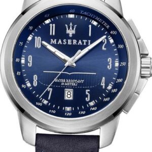 MASERATI Quarzuhr Maserati Leder Armband-Uhr Analog, (Analoguhr), Herrenuhr Lederarmband, rundes Gehäuse, groß (ca. 52x44mm) blau