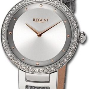 Regent Quarzuhr Regent Damen Armbanduhr Analog, Damenuhr Lederarmband silber, rundes Gehäuse, extra groß (ca. 33mm)