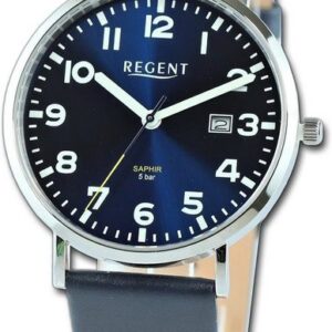 Regent Quarzuhr Regent Herren Armbanduhr Analog, Herrenuhr Lederarmband blau, rundes Gehäuse, extra groß (ca. 39,3mm)