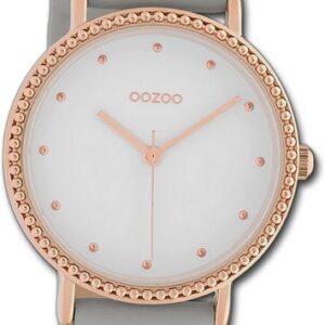 OOZOO Quarzuhr Oozoo Damen Armbanduhr Timepieces, Damenuhr Lederarmband grau, rundes Gehäuse, mittel (ca. 34mm)